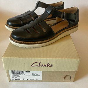 CLARKS - Click Delta T-bar Flat Shoes - Black Leather - US Size 8M